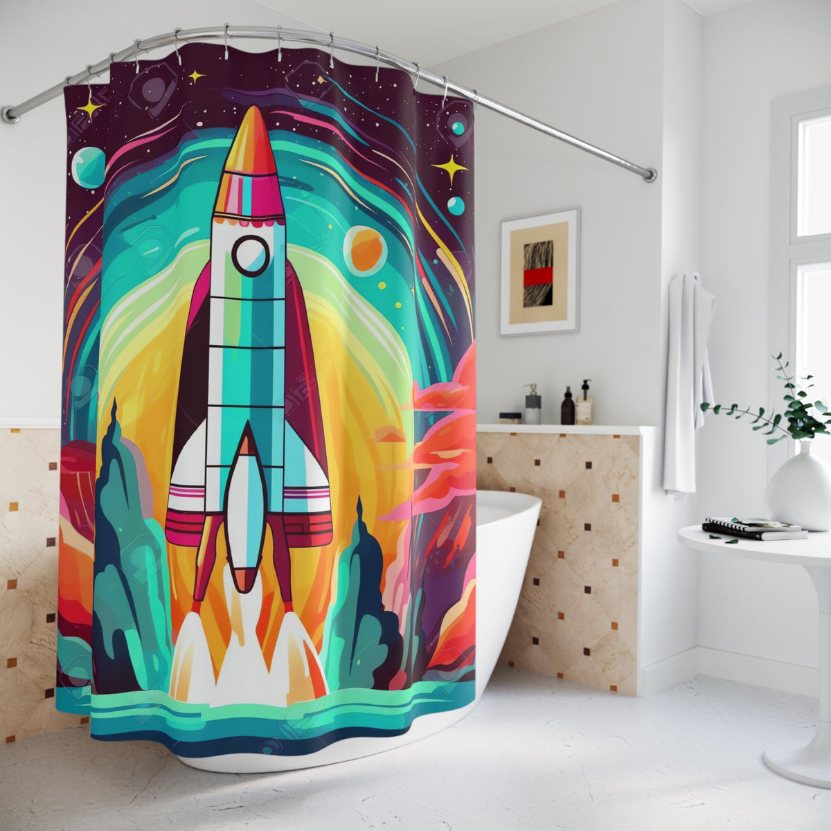 Retro Rocket Launch Shower Curtain – Retro Space Art