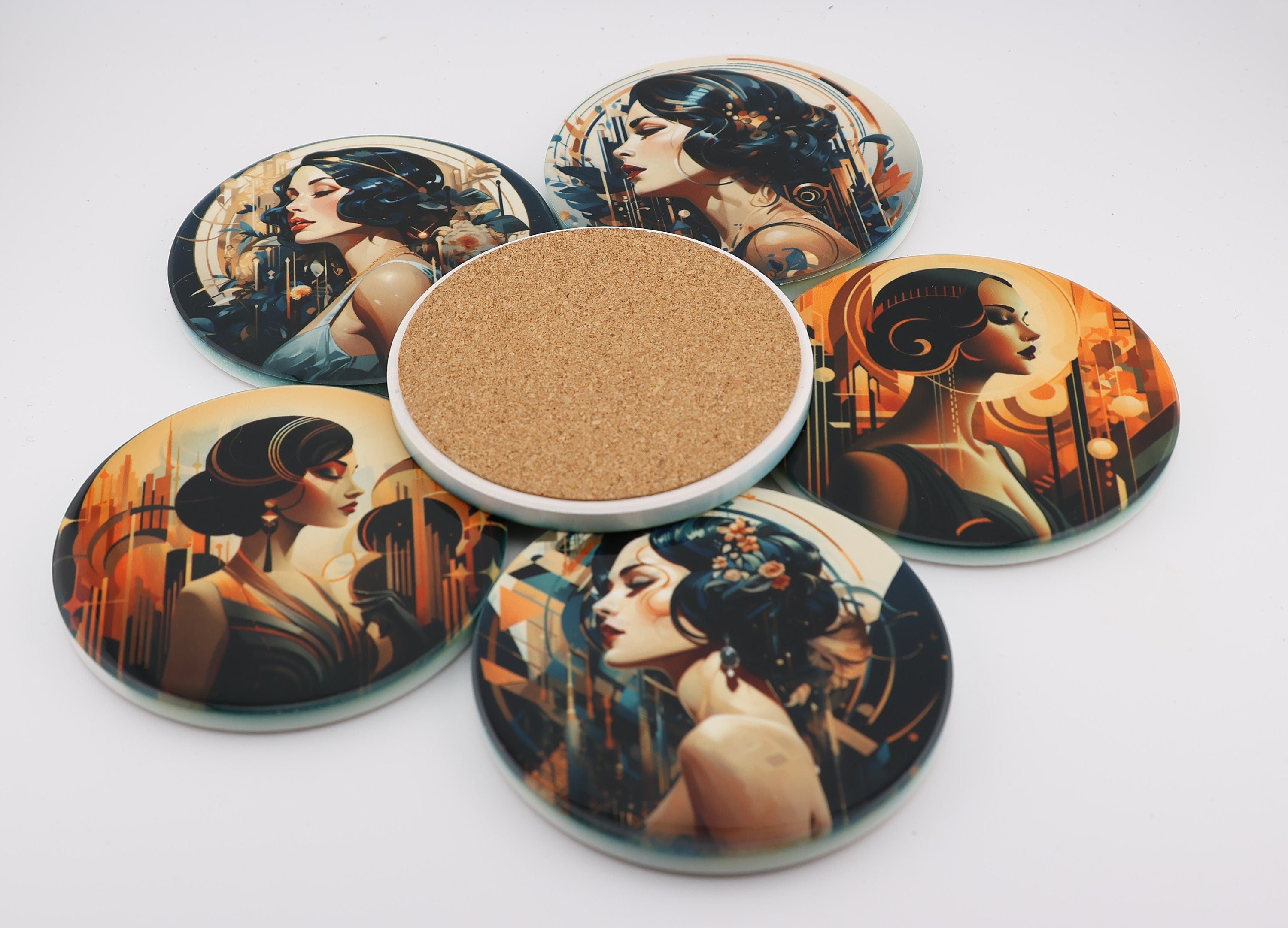 AI24008c. Art Deco Effect Round Ceramic Coasters-  - Set of 6, colourful, gift for all occasions, six unique designs.
