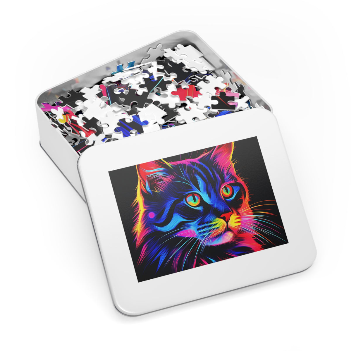 Neon Cat Jigsaw Puzzle with Tin – Neon Pop Art