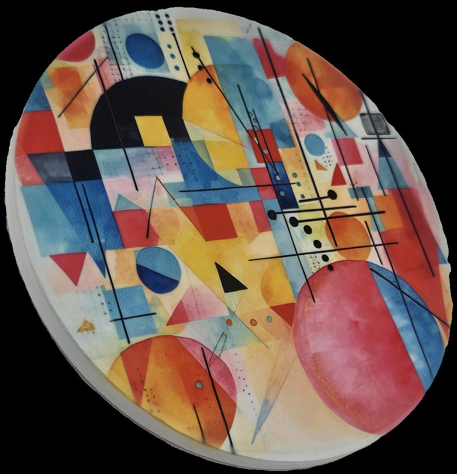 A striking ceramic coaster a colourful abstract geometric design with circles, triangles, squares, adds a bold creative touch to any table.