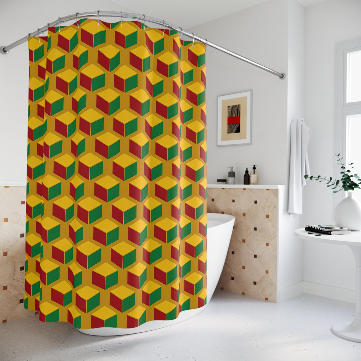 Giant Faceted Cubes II Shower Curtain – Isometric Op-Art Pattern