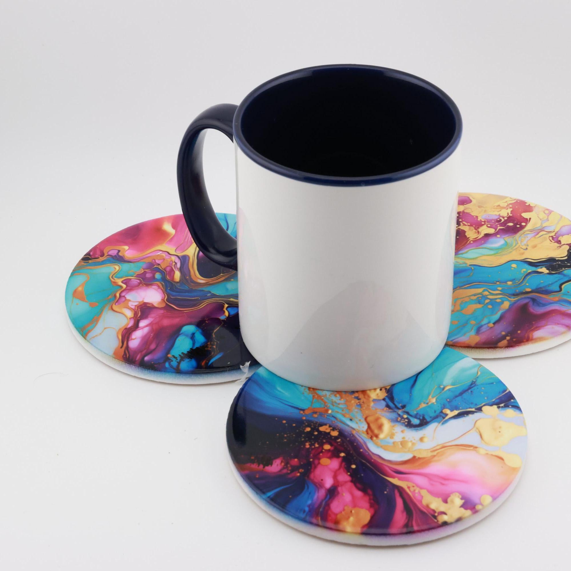 AI24021C Multi Colour Fluid Lava, purples,Effect Round Ceramic Coasters- Set of 6, colourful, gift for all occasions, six unique designs.