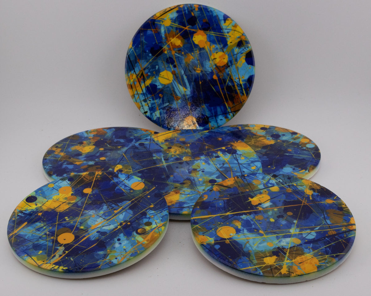 AI24010C Chaotic Blue & Yellow abstract effect Round Ceramic Coasters- Set of 6, gift for all occasions, six unique designs.