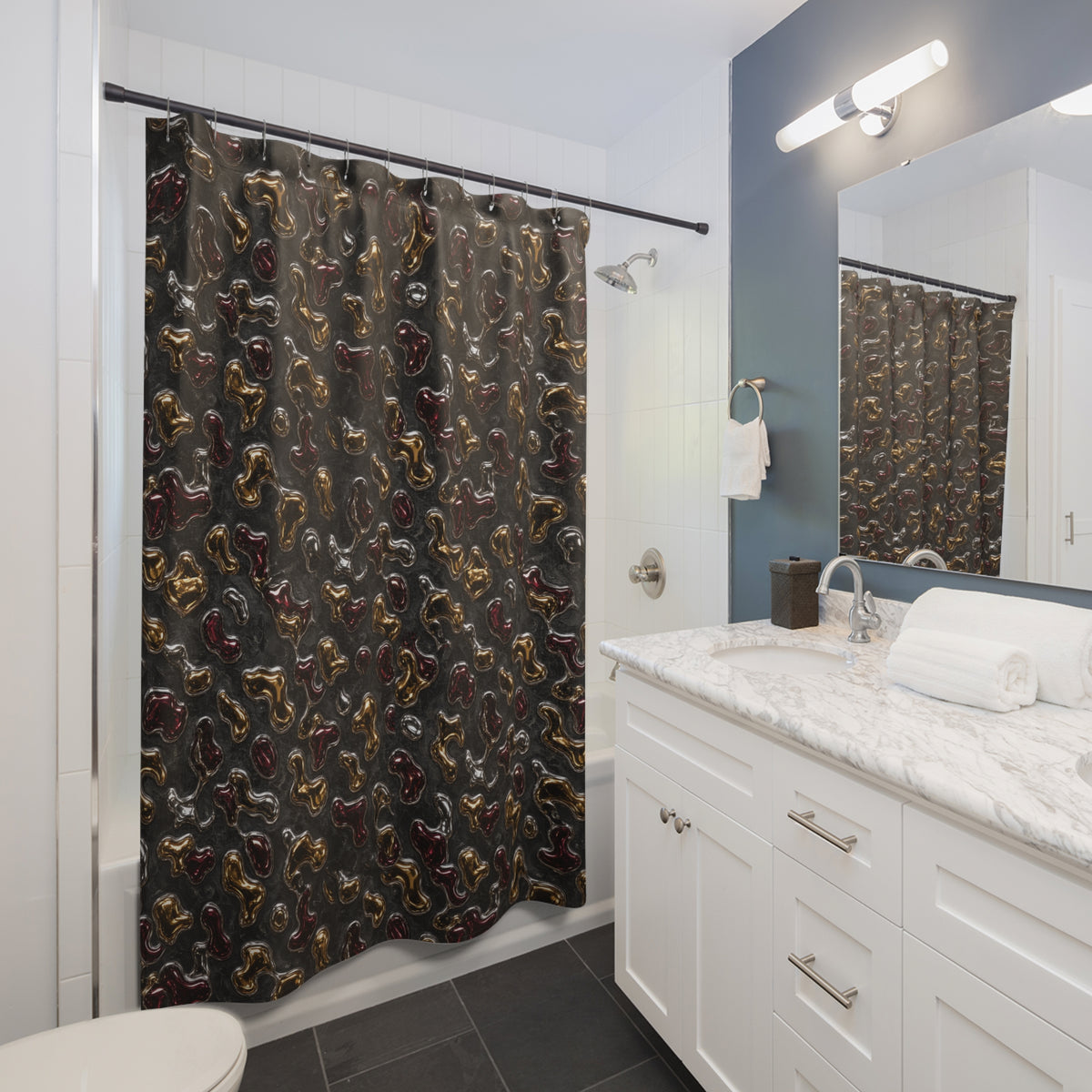 Merging Gold Puddles Shower Curtain – Liquid Chrome Pattern