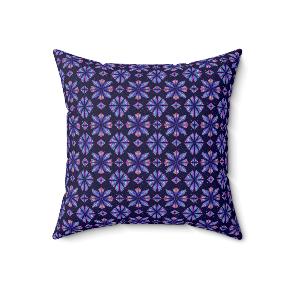 Crystal Bloom Kaleidoscope Faux Suede Cushion – Holographic-Look Geometric Pattern