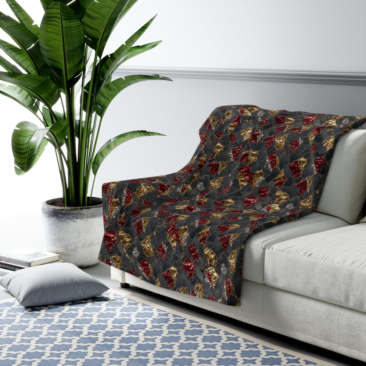 Garnet Gold Foil Sherpa Fleece Blanket – Holographic-Look Metal Pattern