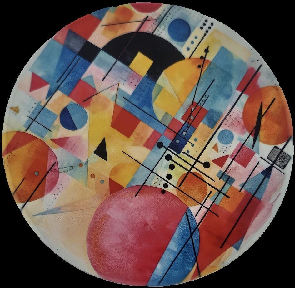 A striking ceramic coaster a colourful abstract geometric design with circles, triangles, squares, adds a bold creative touch to any table.