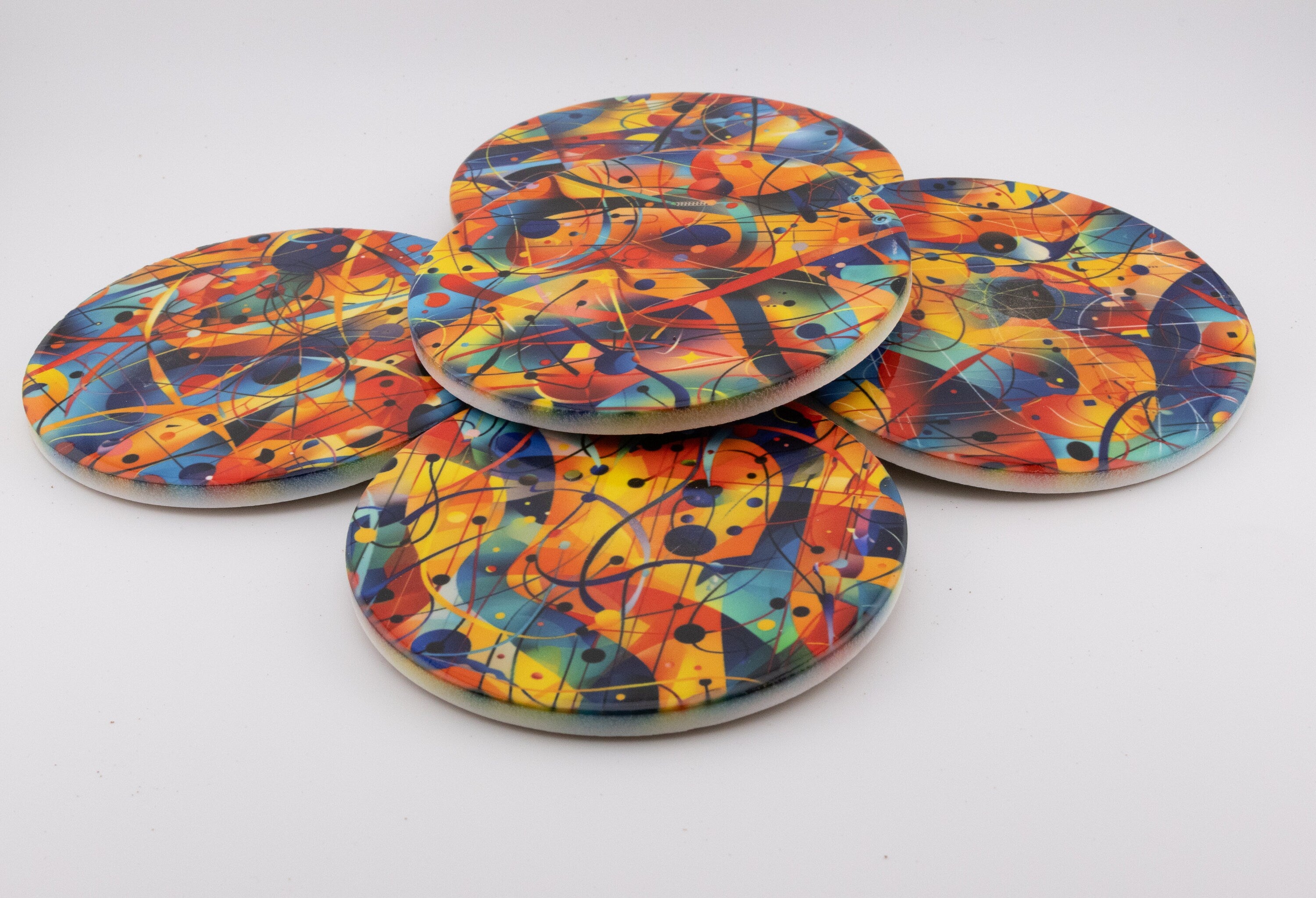 AI24035C Chaotic Watercolour Abstract Effect Round Ceramic Coasters- Set of 6, colourful, gift for all occasions, six unique designs.