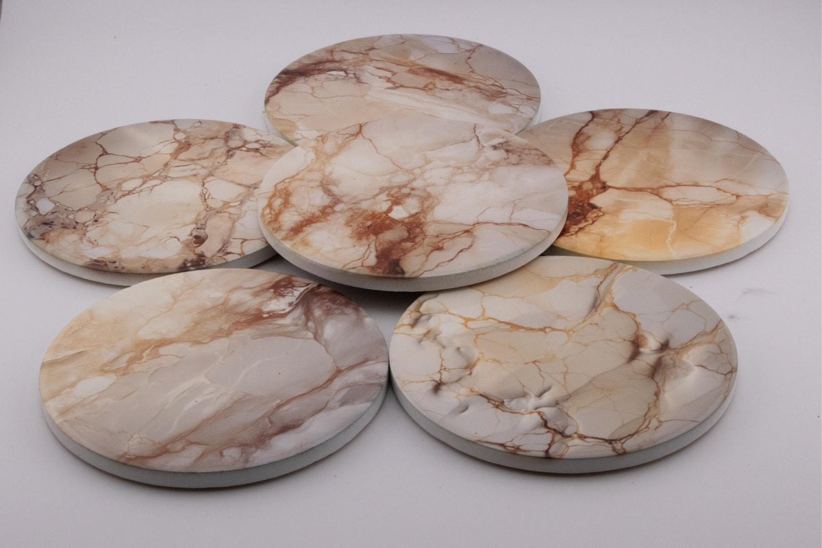 AI24019C Coffee & Cream Marble Effect Round Ceramic Coasters - Set of 6, colourful, gift for all occasions, six unique designs.