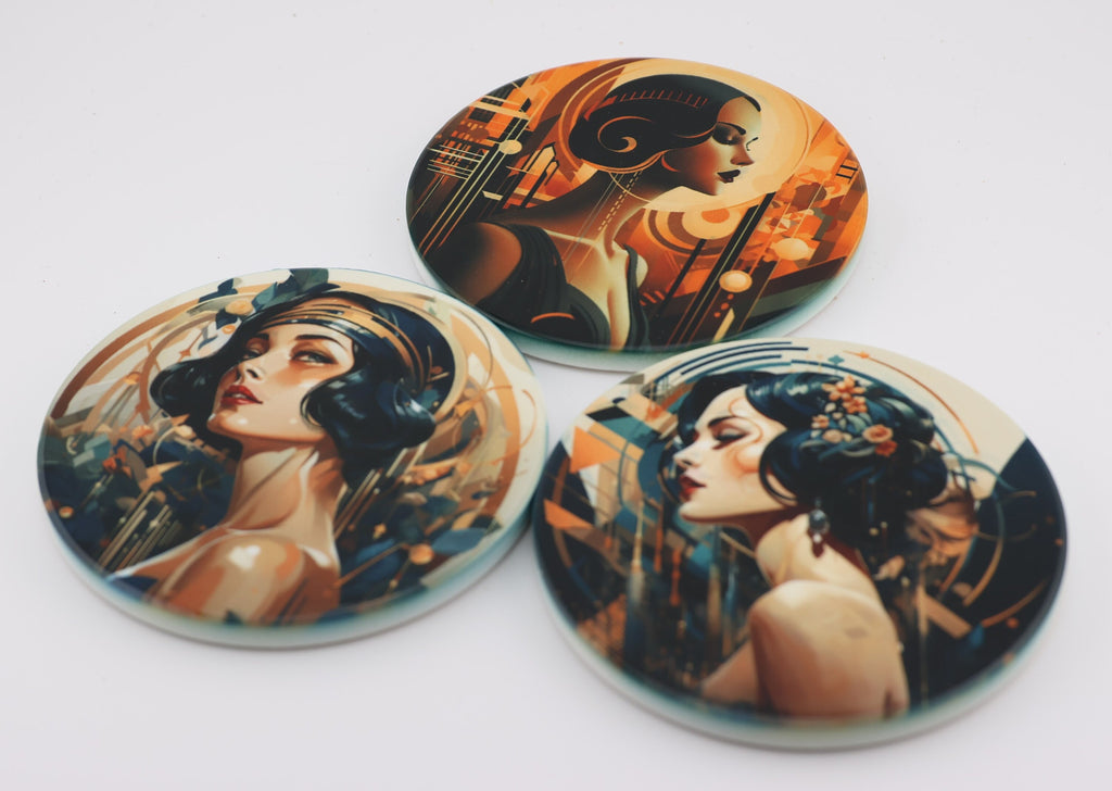 AI24008c. Art Deco Effect Round Ceramic Coasters-  - Set of 6, colourful, gift for all occasions, six unique designs.