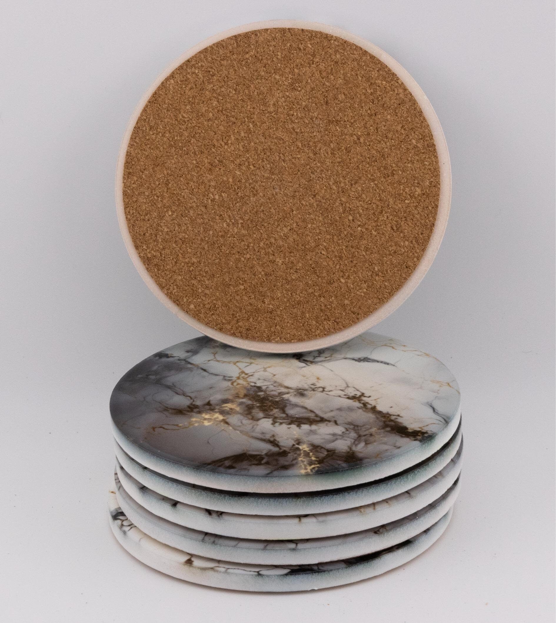 AI24020C Grey, White & Gold Marble Effect Round Ceramic Coasters-  Set of 6, colourful, gift for all occasions, six unique designs.