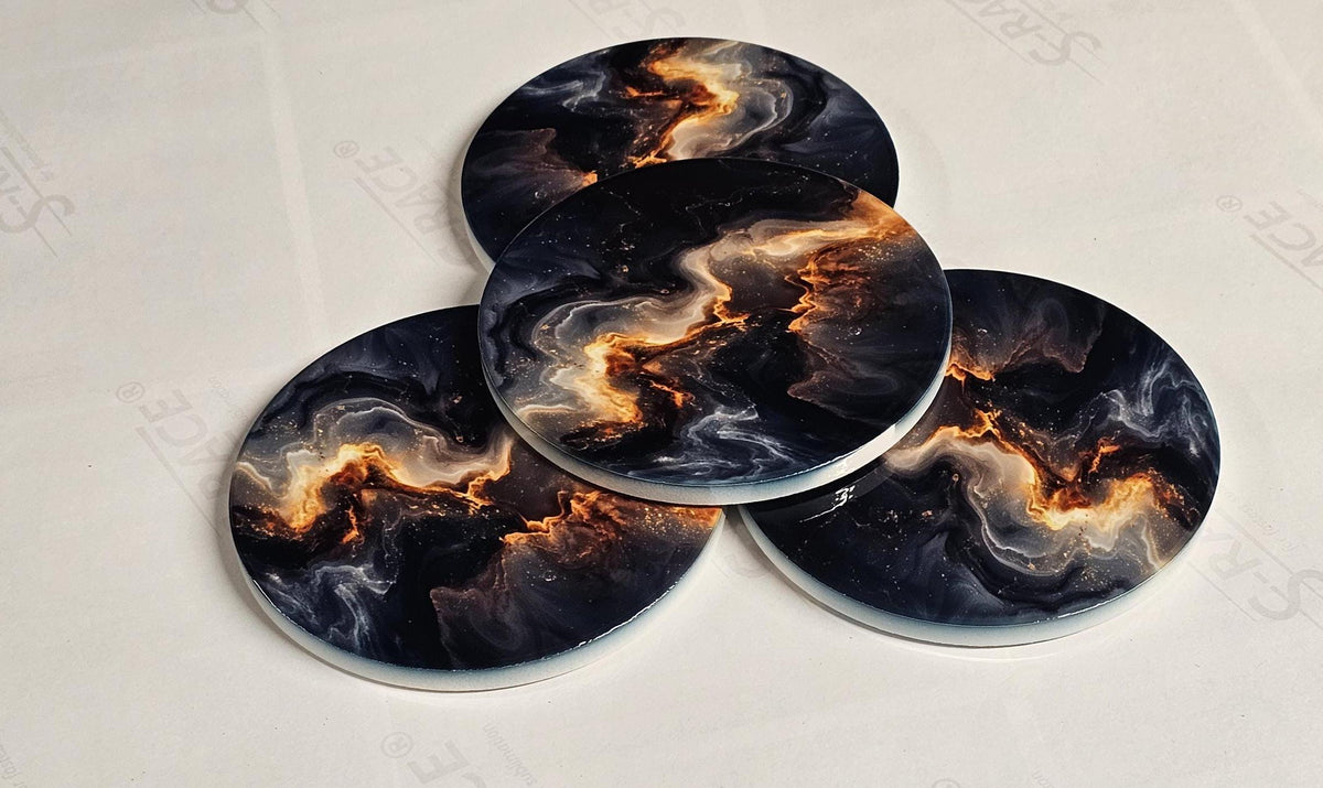 AI24062C Abstract Black & Gold Lave Marble Design -  Round Ceramic Coasters- Set of 6, gift for all occasions, Designed and made in Britain
