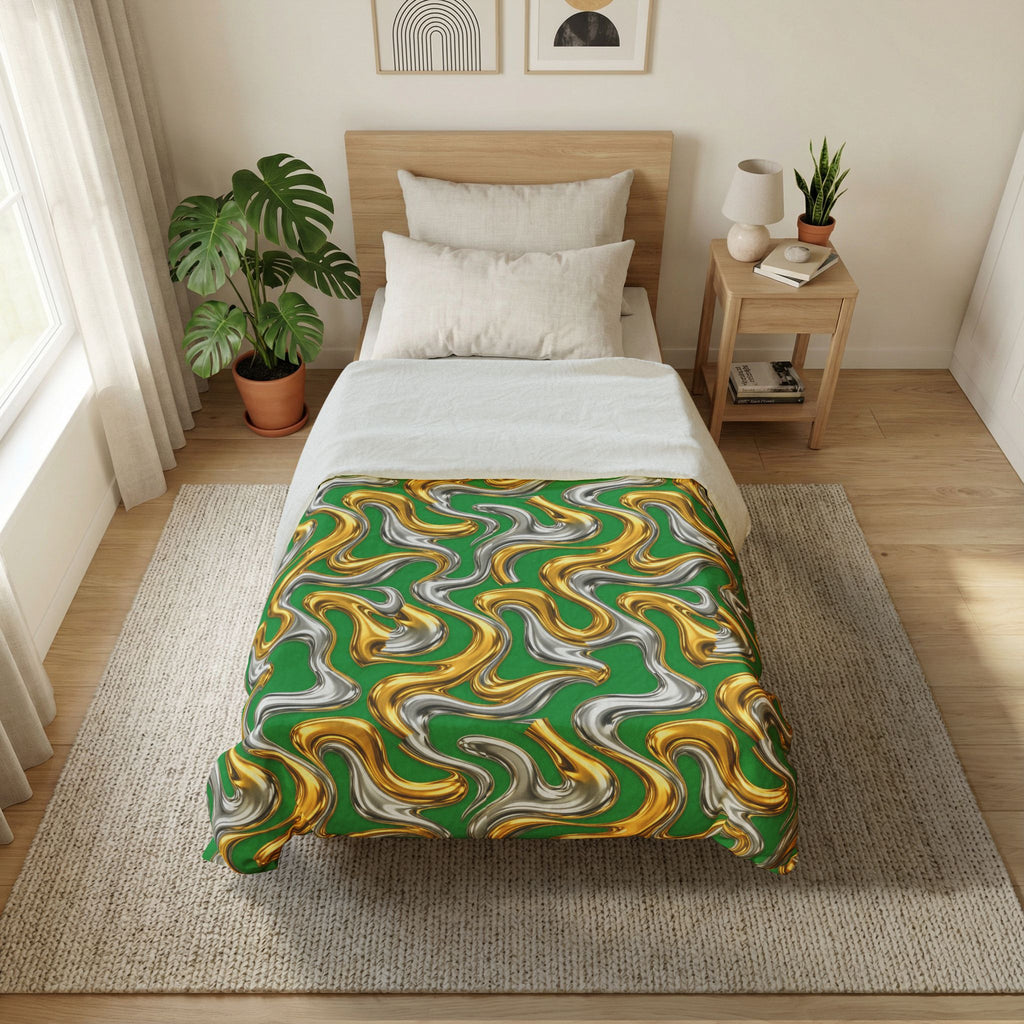 Broad Melting Gold Ribbons Cotton Duvet Cover – Liquid Chrome Pattern