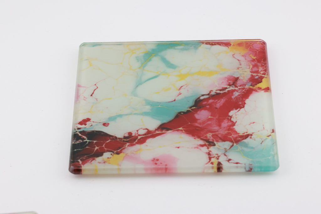 AI24018G Colorful Marble Glass Coaster, Abstract Agate Coaster, Modern Red Blue Gold Marble Decor, Rectangular Glass Drink Coaster Gift