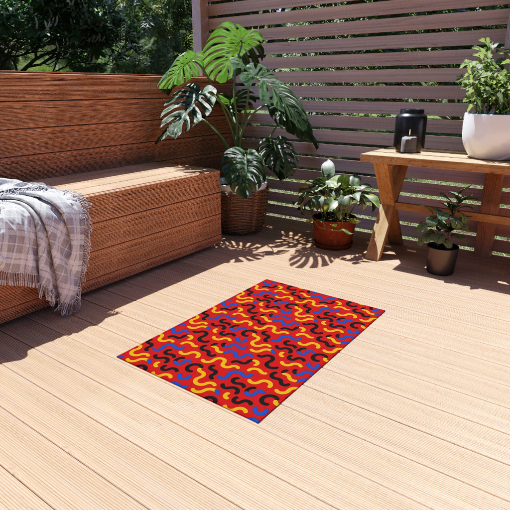 Squiggle Red Outdoor Rug – Bold Primary Abstract Pattern