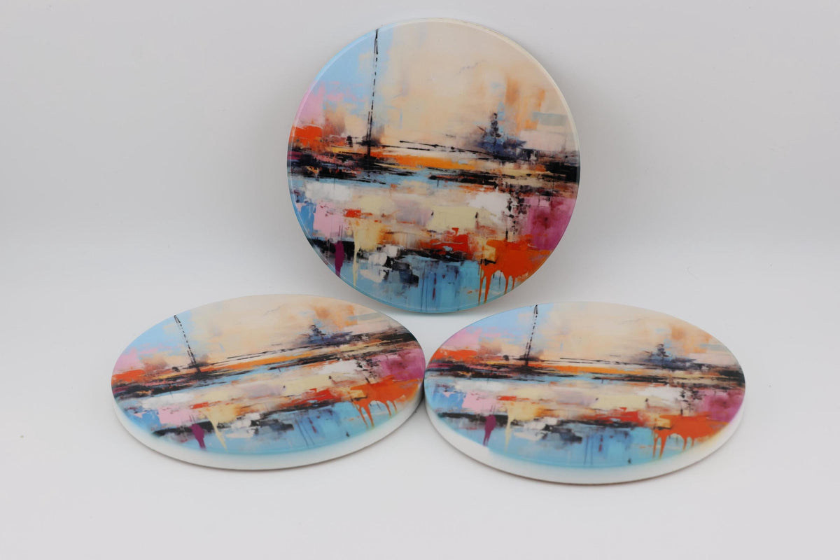 AI24080C Abstract Minimalist Watercolour Seascape - Multi coloured Round Ceramic Coasters- Set of 6, gift for all occasions, Made in Britain