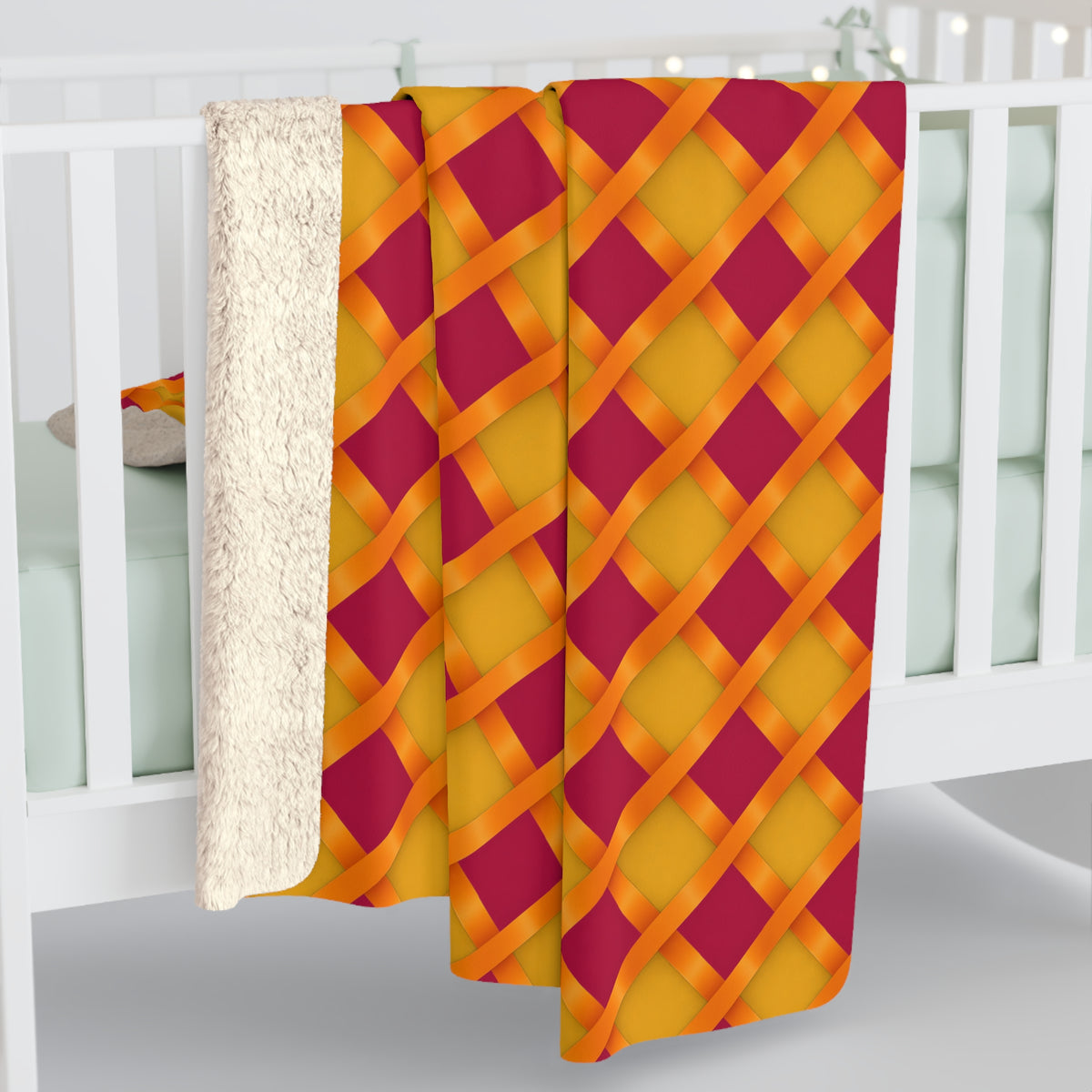 Broad Gold Diamond Trellis Sherpa Fleece Blanket – Cranberry Spice