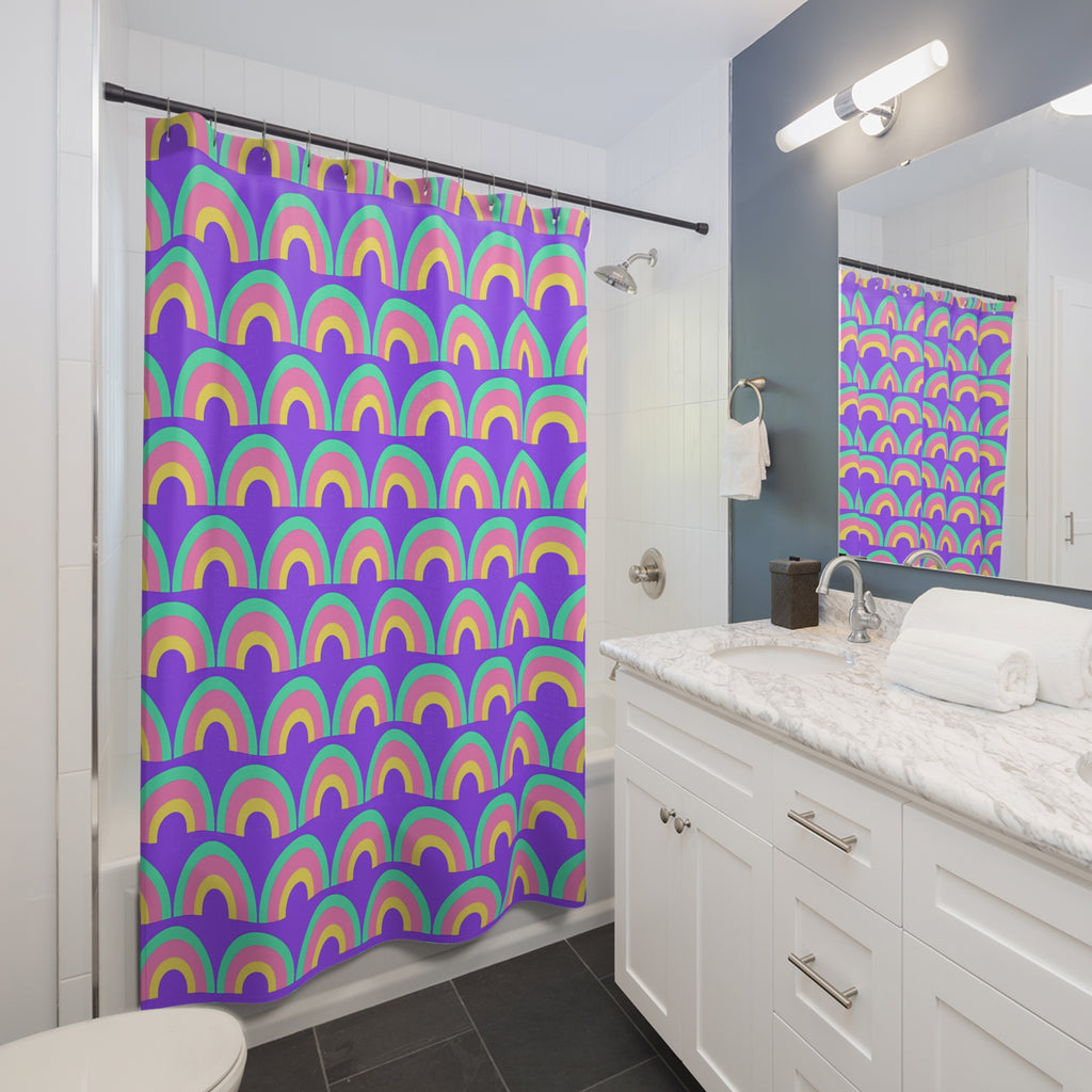 Chromatic Scallop Ripple Shower Curtain – Candy Pastel on Grape