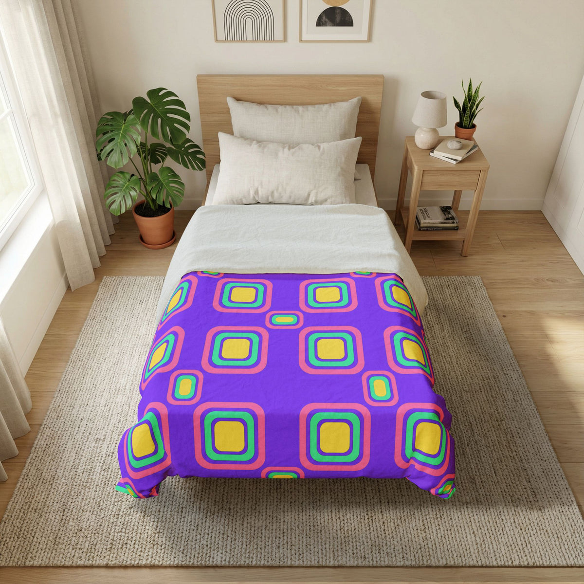 Big Ripple Squares Cotton Duvet Cover – Candy Pastel on Grape