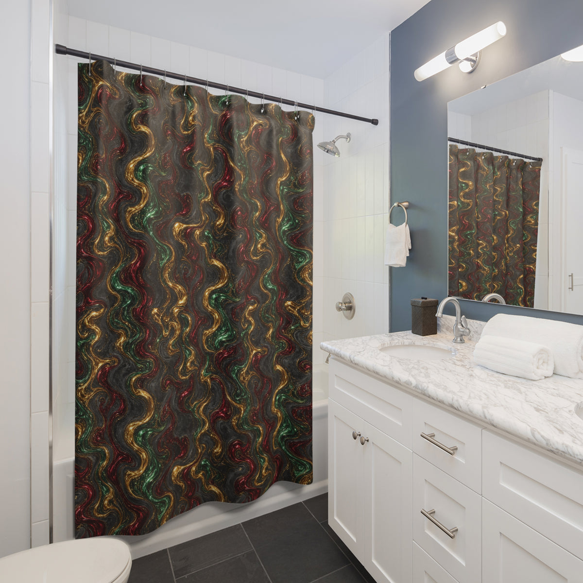 Jewel Metal Swirl Shower Curtain – Iridescent Fluid Pattern