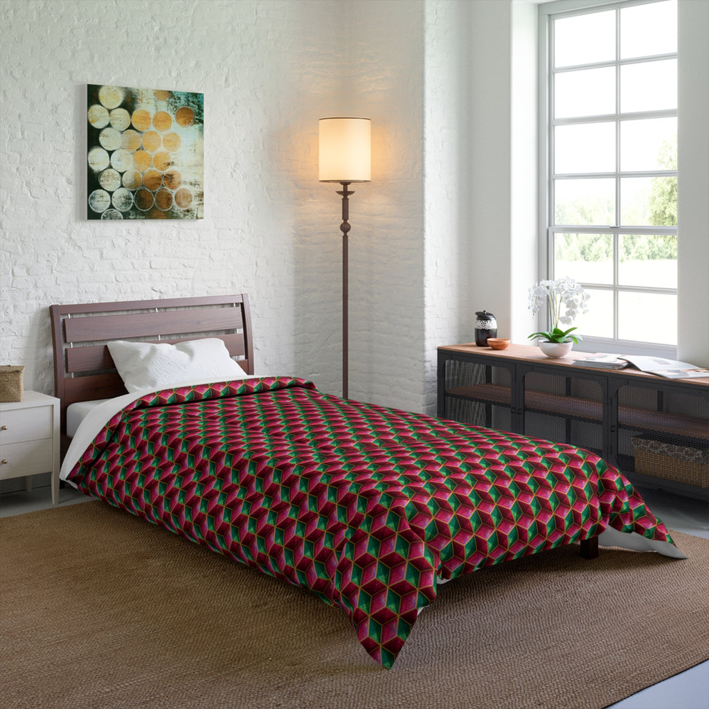 Faceted Cube Illusion Comforter – Holographic-Look Geometric Pattern