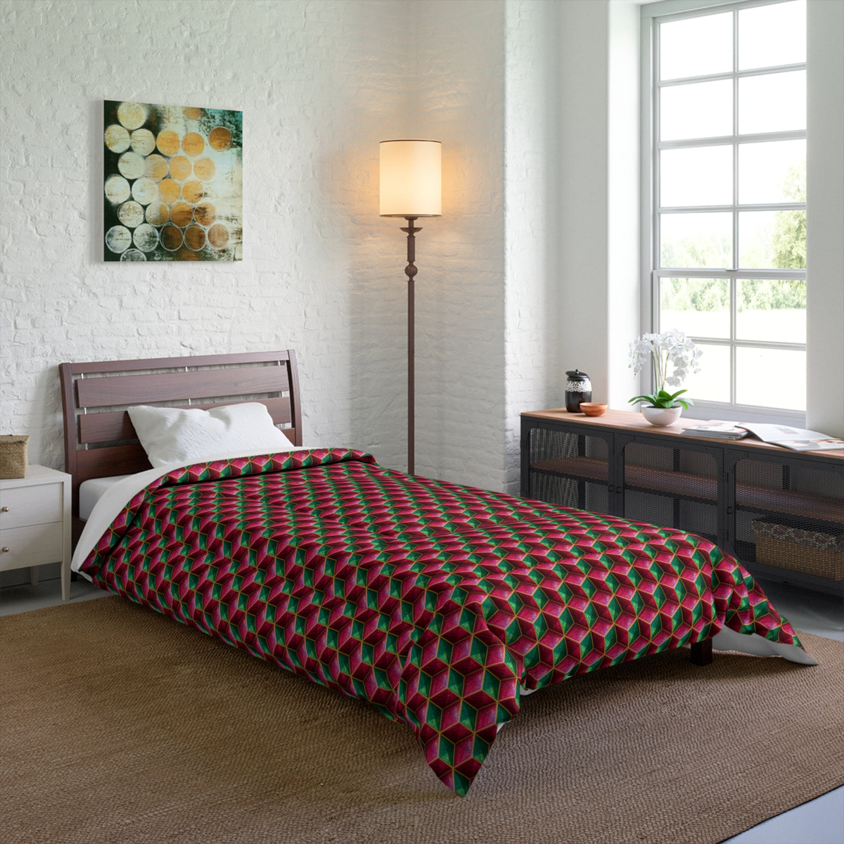 Faceted Cube Illusion Comforter – Holographic-Look Geometric Pattern