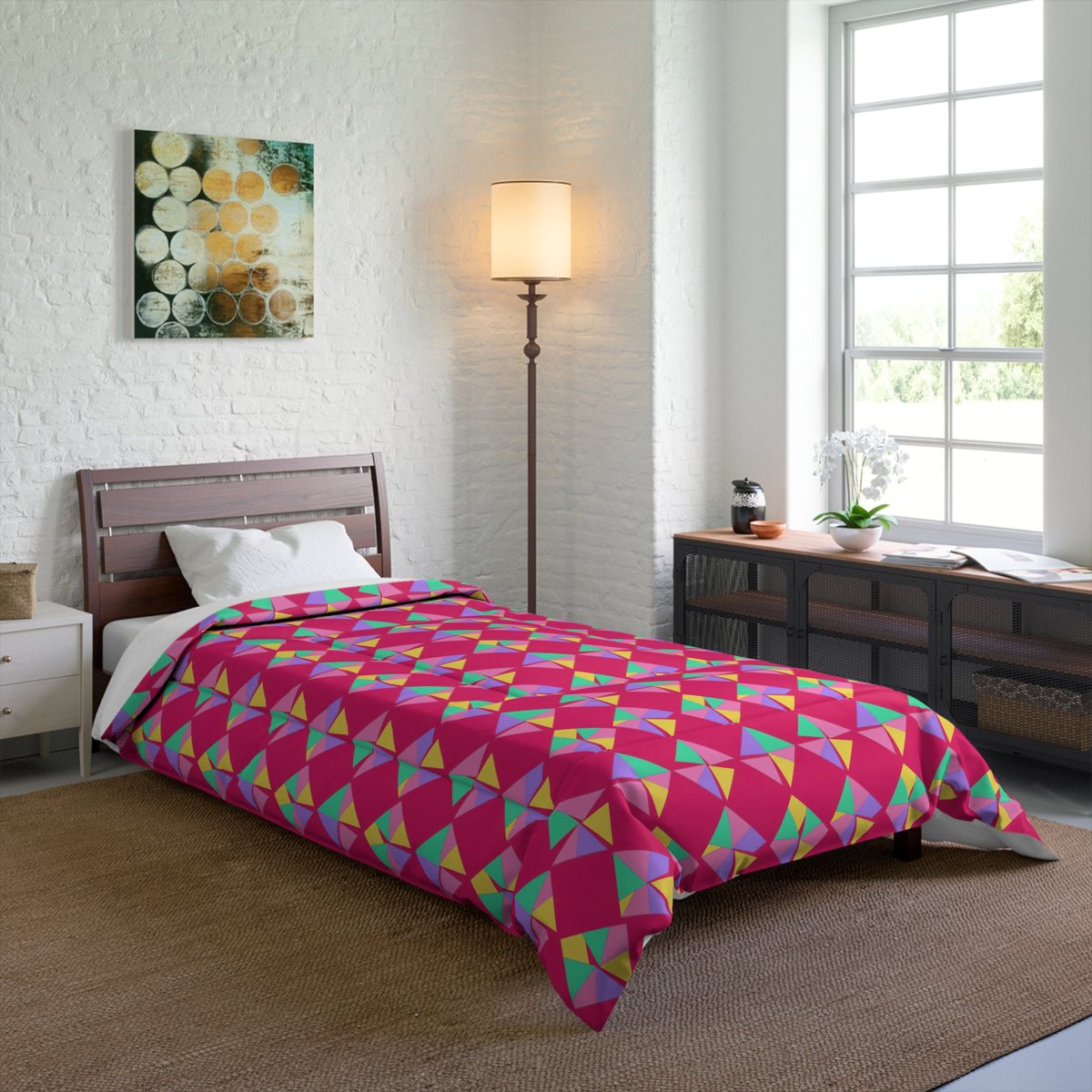 Stacked Cubist Prisms Comforter – Candy Pop on Raspberry