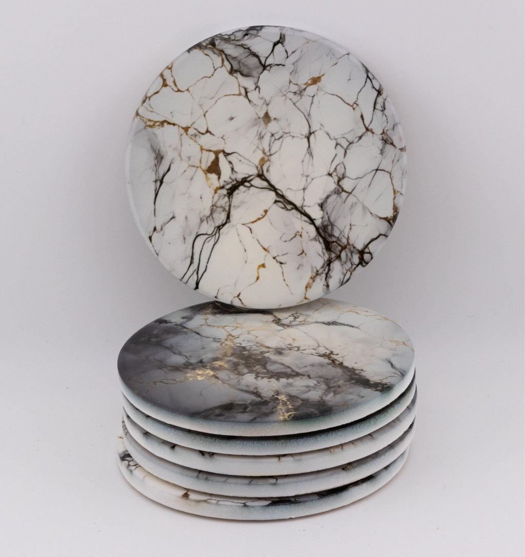 AI24020C Grey, White & Gold Marble Effect Round Ceramic Coasters-  Set of 6, colourful, gift for all occasions, six unique designs.
