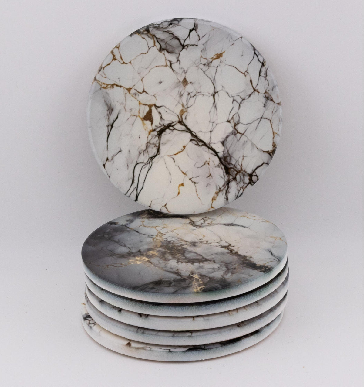 AI24020C Grey, White & Gold Marble Effect Round Ceramic Coasters-  Set of 6, colourful, gift for all occasions, six unique designs.