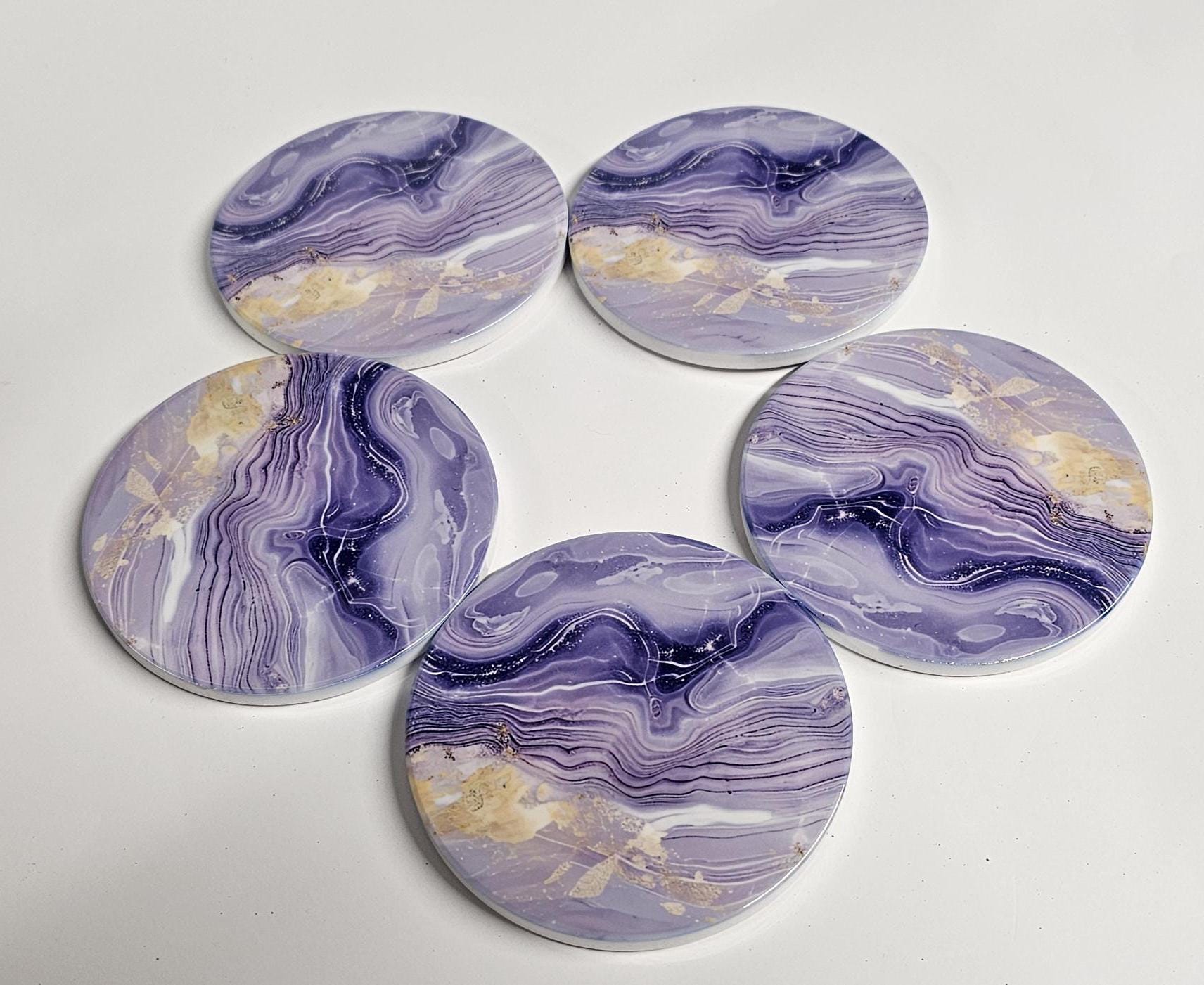 AI24066C Lilac Violet & Gold Marble effect -  Round Ceramic Coasters- Set of 6, gift for all occasions, Designed and made in Britain