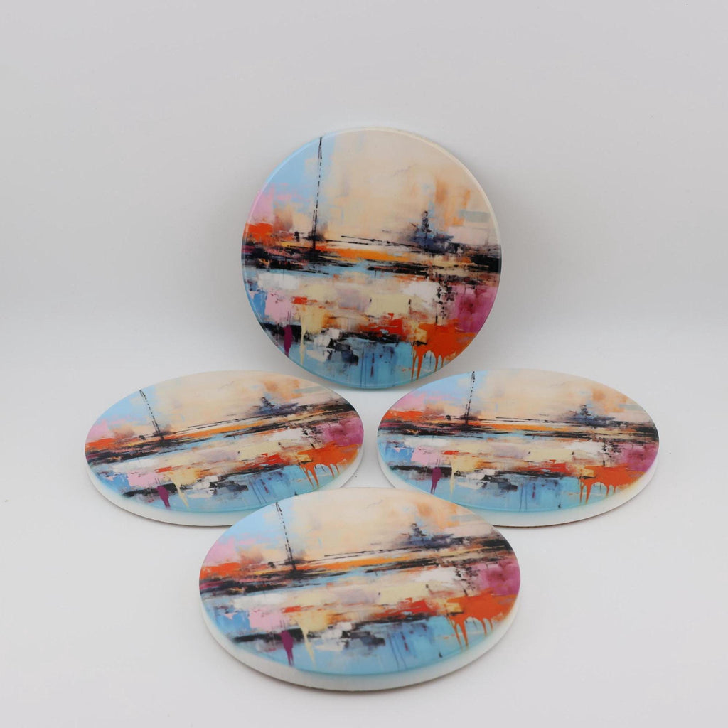 AI24080C Abstract Minimalist Watercolour Seascape - Multi coloured Round Ceramic Coasters- Set of 6, gift for all occasions, Made in Britain