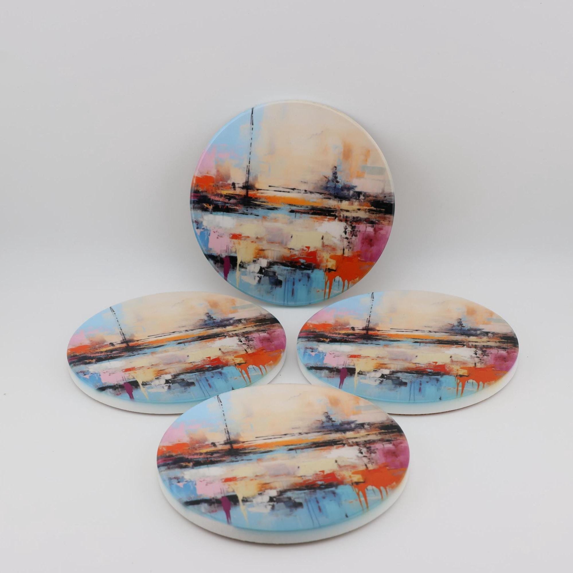 AI24080C Abstract Minimalist Watercolour Seascape - Multi coloured Round Ceramic Coasters- Set of 6, gift for all occasions, Made in Britain