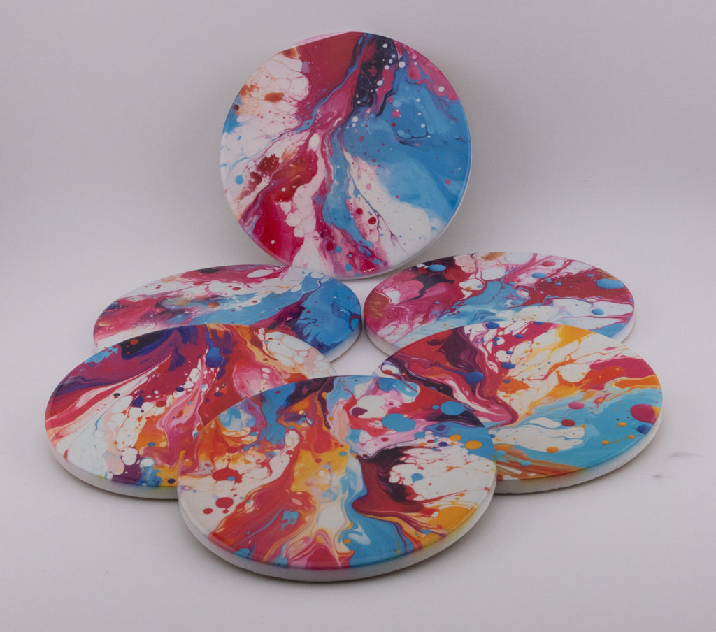 AI24030C Acrylic Oil Splash art Effect Round Ceramic Coasters-Set of 6, colourful, gift for all occasions, six unique designs.