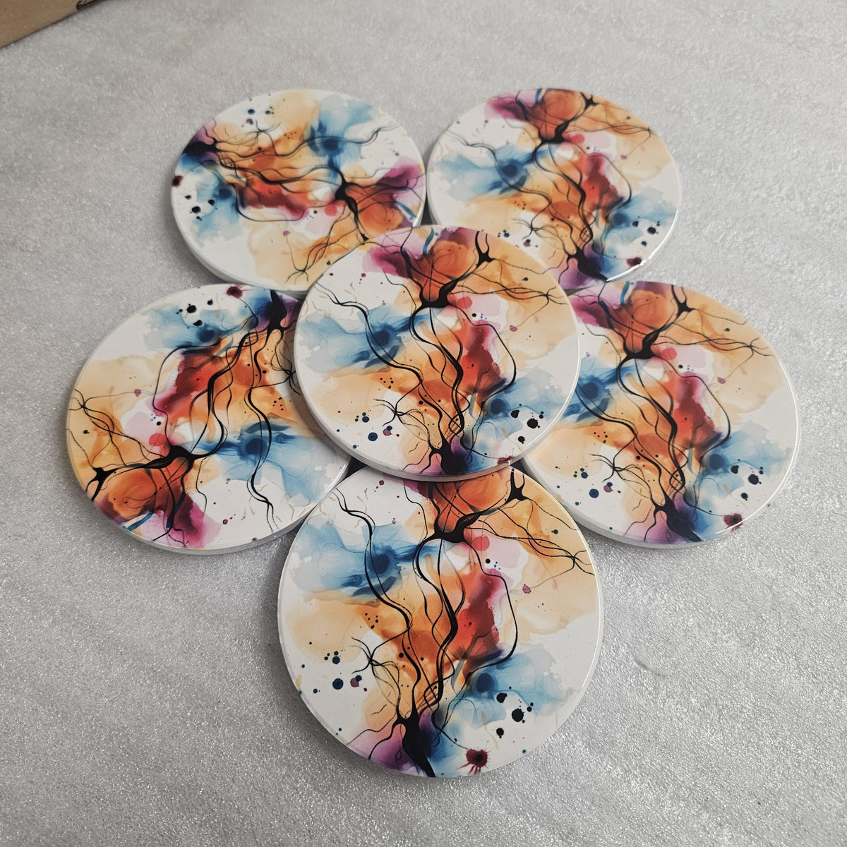 AI24058C Watercolour  Design No3 - Multi coloured Round Ceramic Coasters- Set of 6, gift for all occasions, Designed and made in Britain