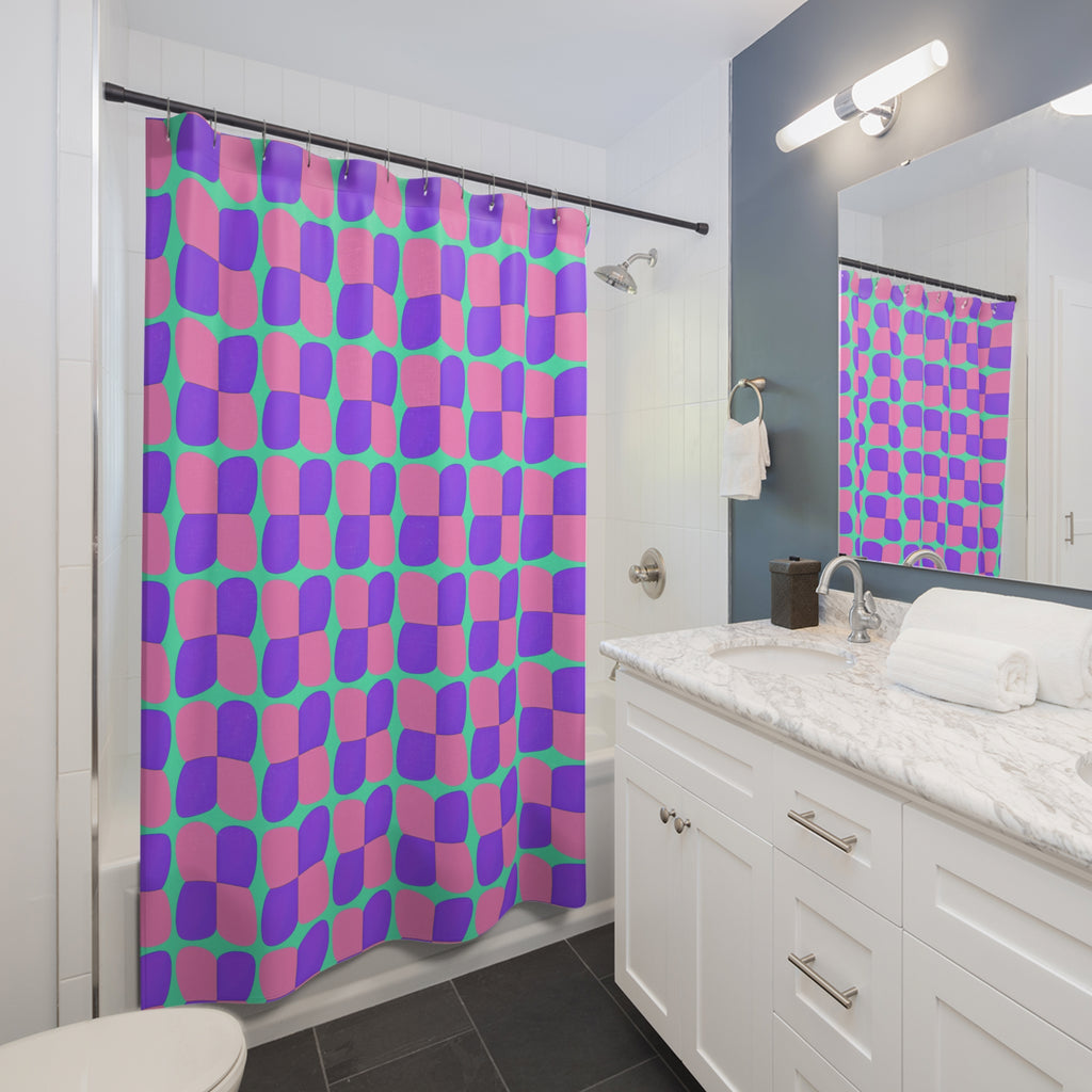 Bold Bulge Checker Shower Curtain – Candy Pastel on Grape