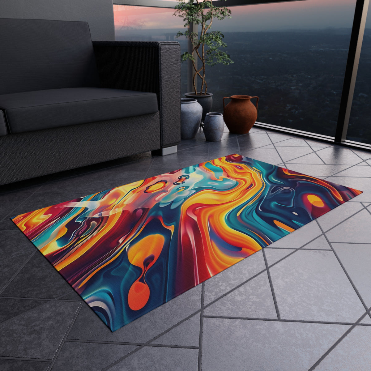 Liquid Rainbow Swirl Outdoor Rug – Psychedelic Fluid Art