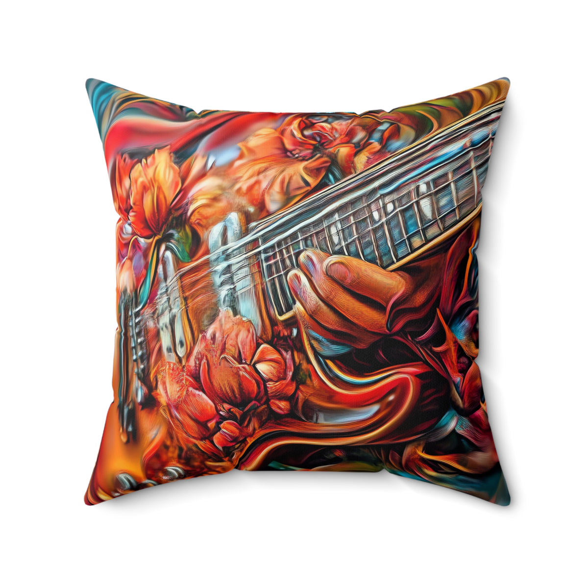 Floral Rock Guitar Faux Suede Cushion – Psychedelic Music Art