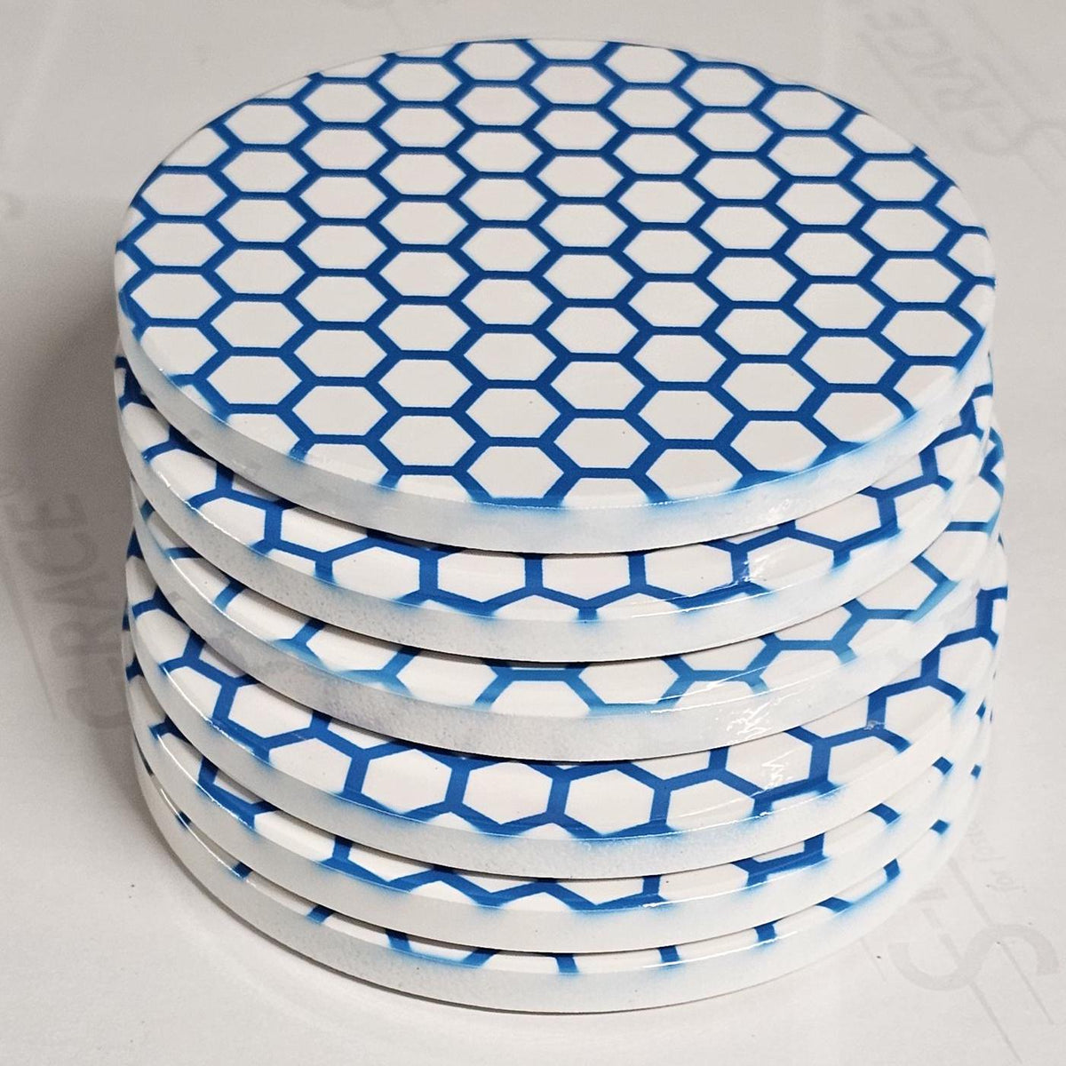 AI24069C Blue and white Honeycomb ,other variations -  Round Ceramic Coasters- Set of 6, gift for all occasions, Designed, made in Britain