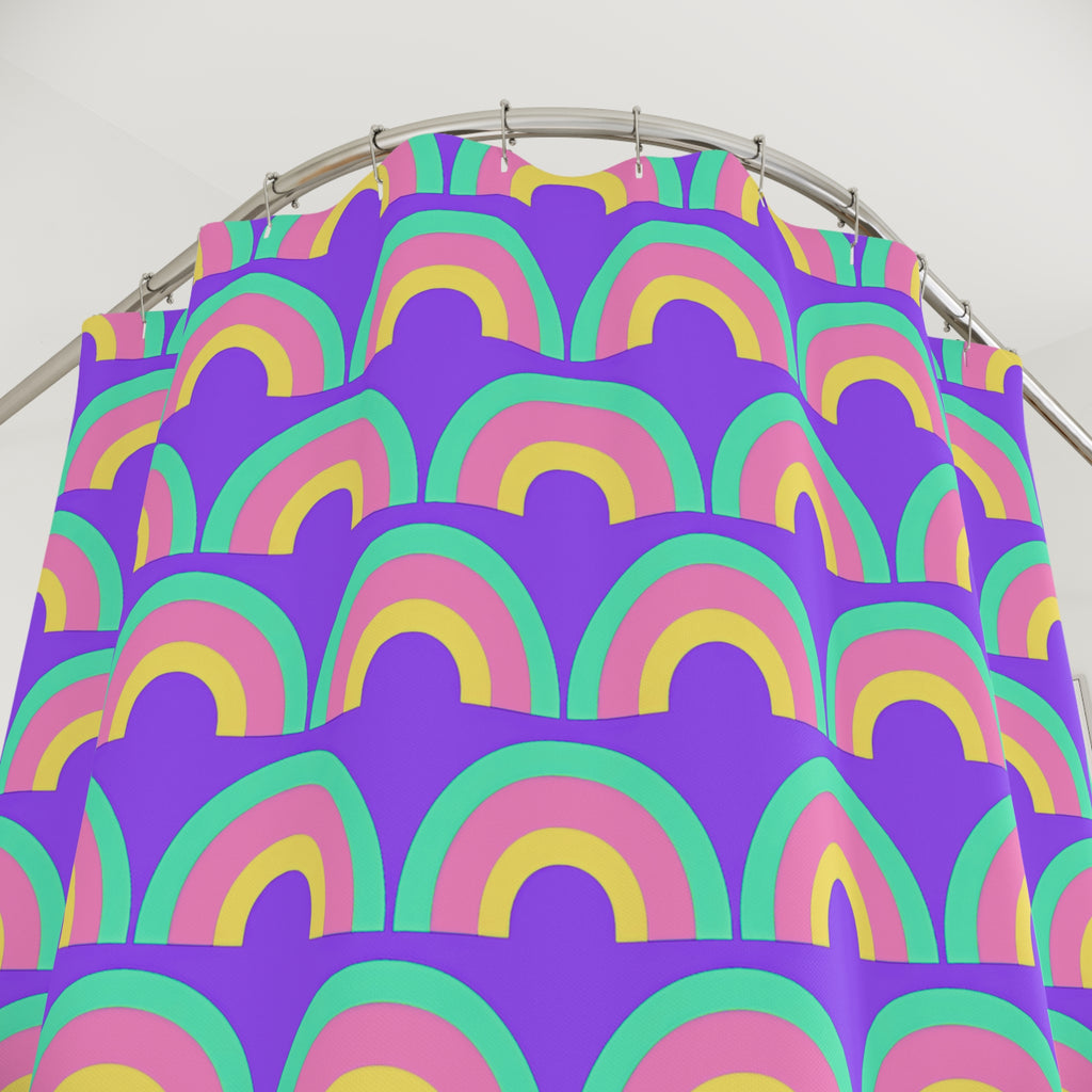 Chromatic Scallop Ripple Shower Curtain – Candy Pastel on Grape