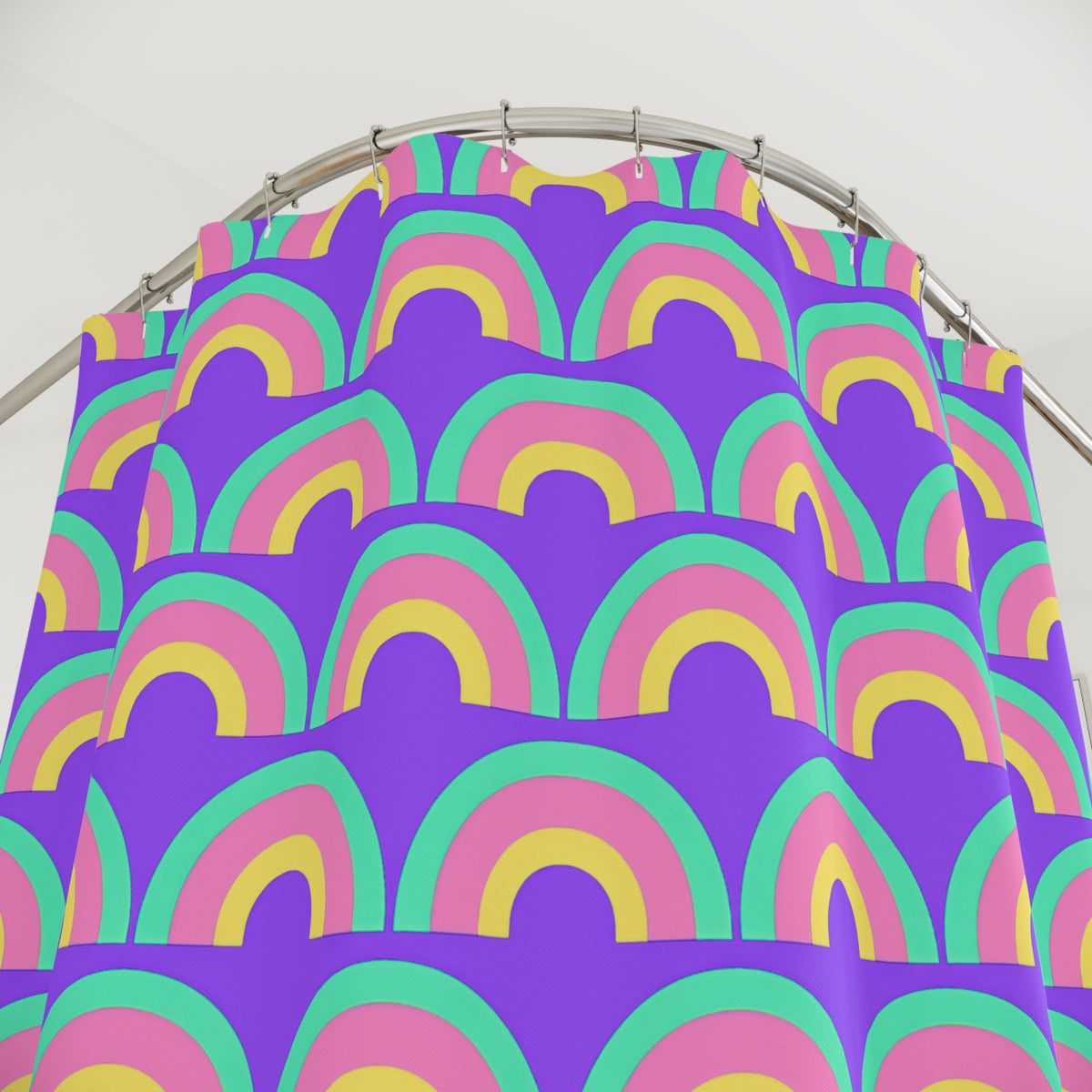 Chromatic Scallop Ripple Shower Curtain – Candy Pastel on Grape