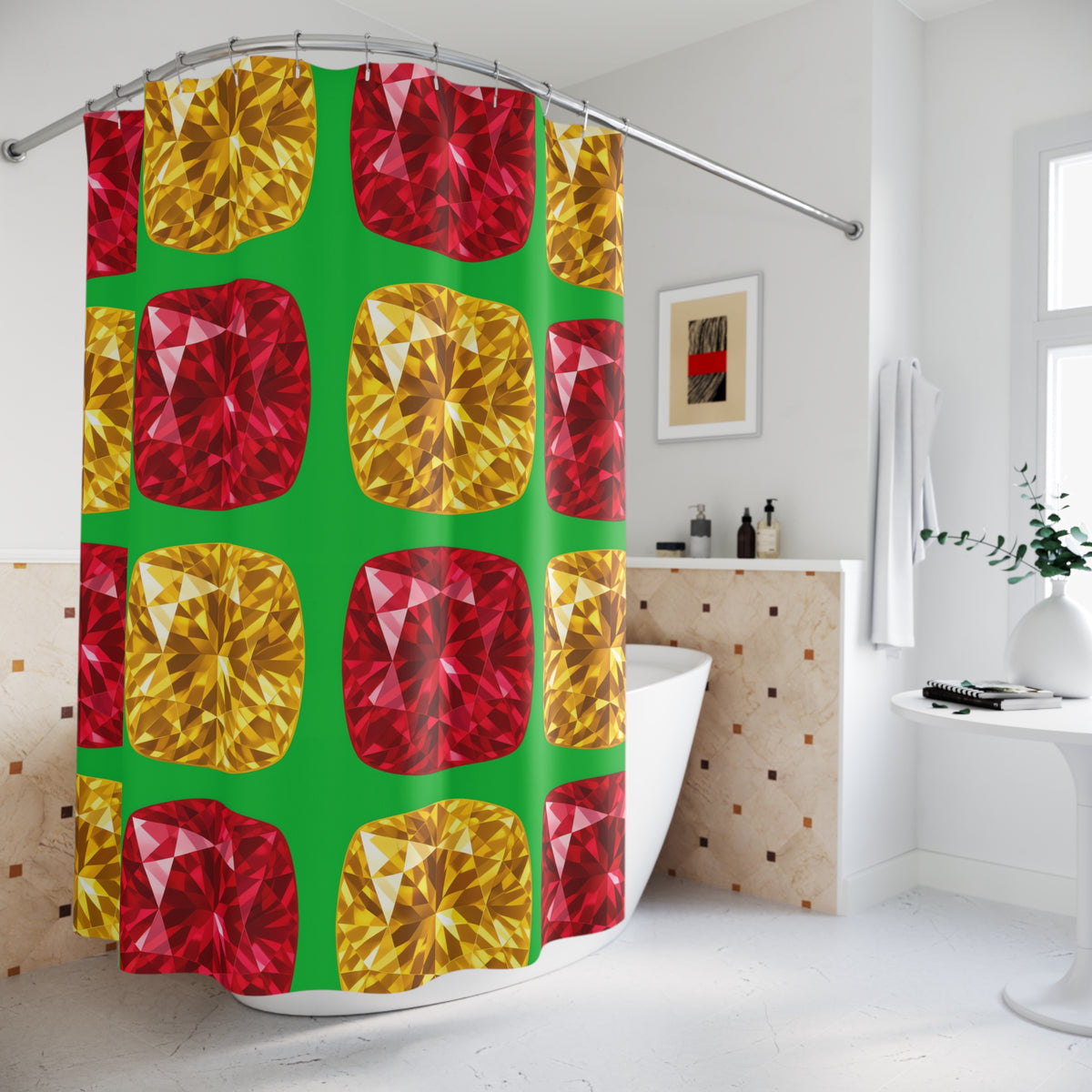 Giant Cut Gem Grid Shower Curtain – Faceted Gem Geometric Pattern