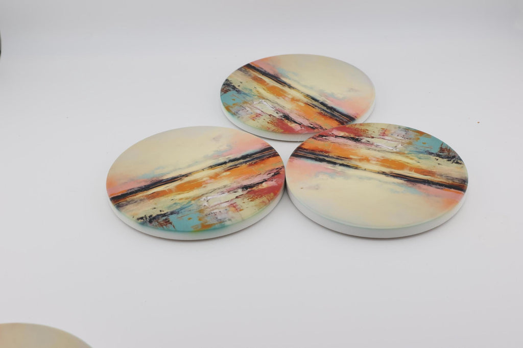AI24079C Abstract Minimalist Watercolour Landscape - Multi coloured Round Ceramic Coasters- Set of 6,gift for all occasions, Made in Britain