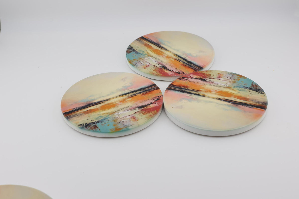 AI24079C Abstract Minimalist Watercolour Landscape - Multi coloured Round Ceramic Coasters- Set of 6,gift for all occasions, Made in Britain