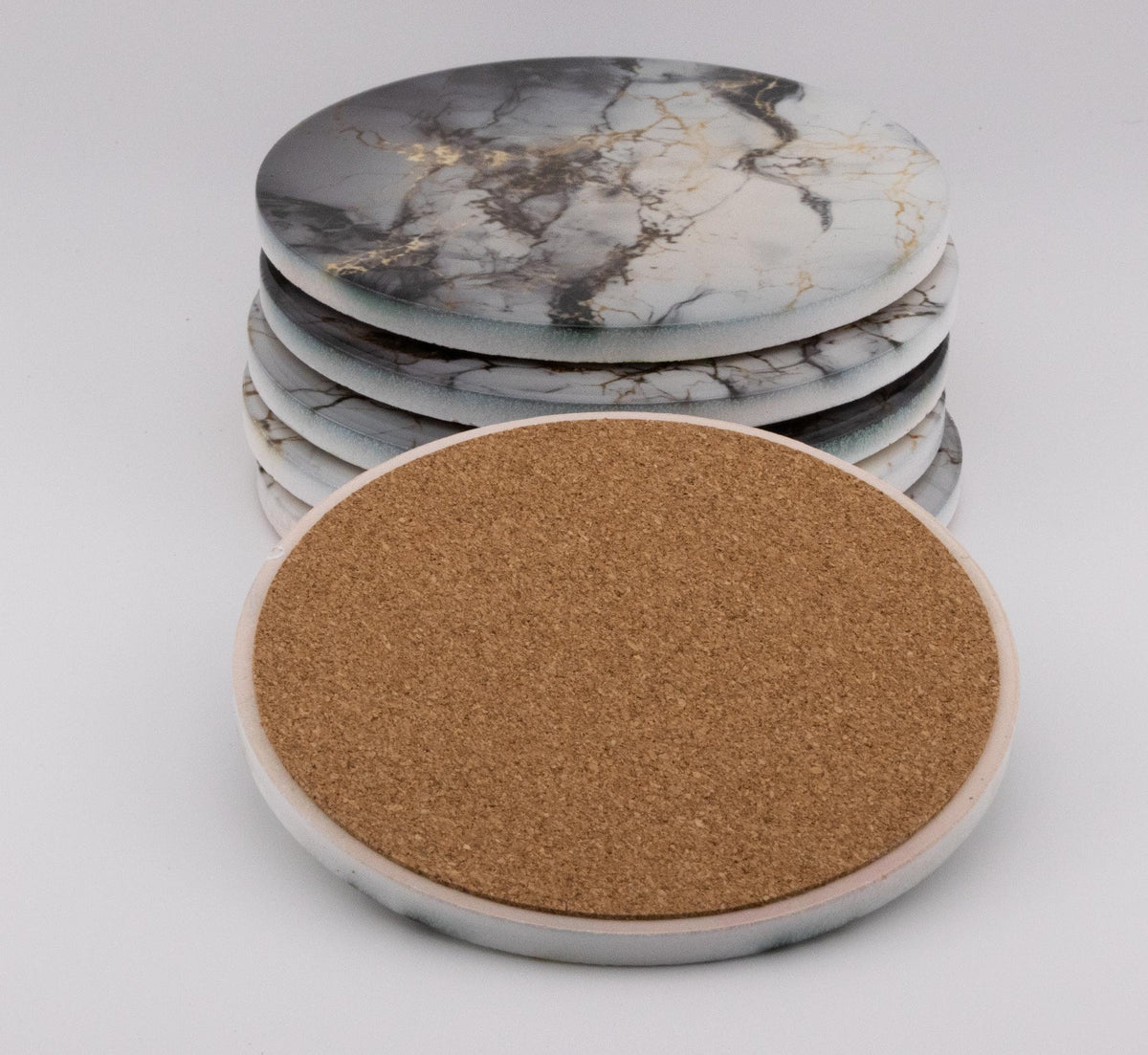 AI24020C Grey, White & Gold Marble Effect Round Ceramic Coasters-  Set of 6, colourful, gift for all occasions, six unique designs.