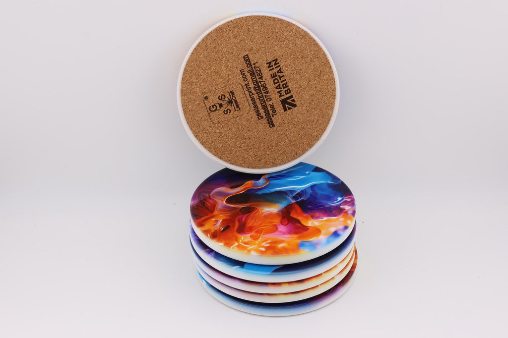 AI24037 Liquid Splash - Multi coloured Round Ceramic Coasters- Set of 6, gift for all occasions, Designed and made in Britain
