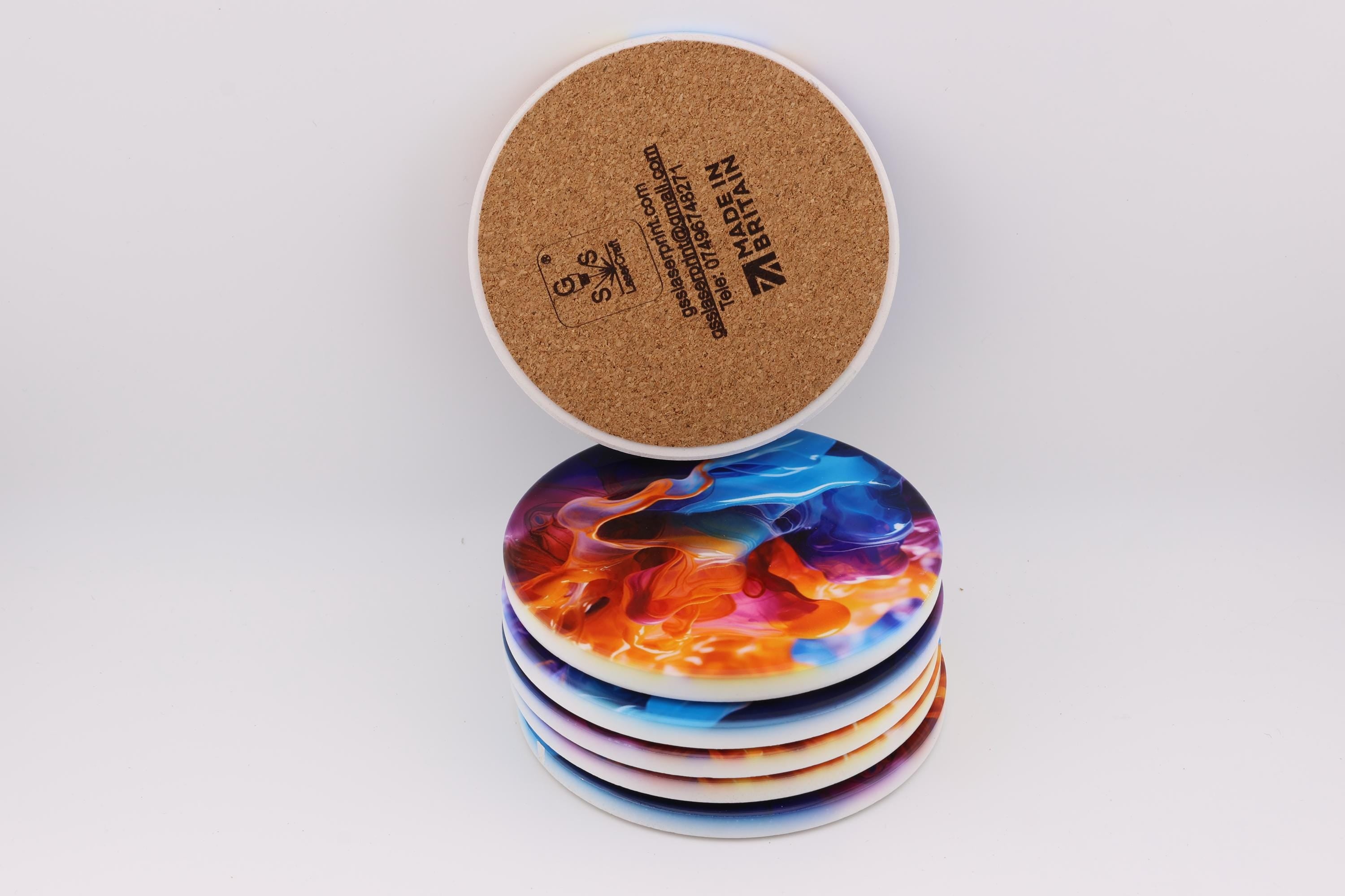 AI24037 Liquid Splash - Multi coloured Round Ceramic Coasters- Set of 6, gift for all occasions, Designed and made in Britain