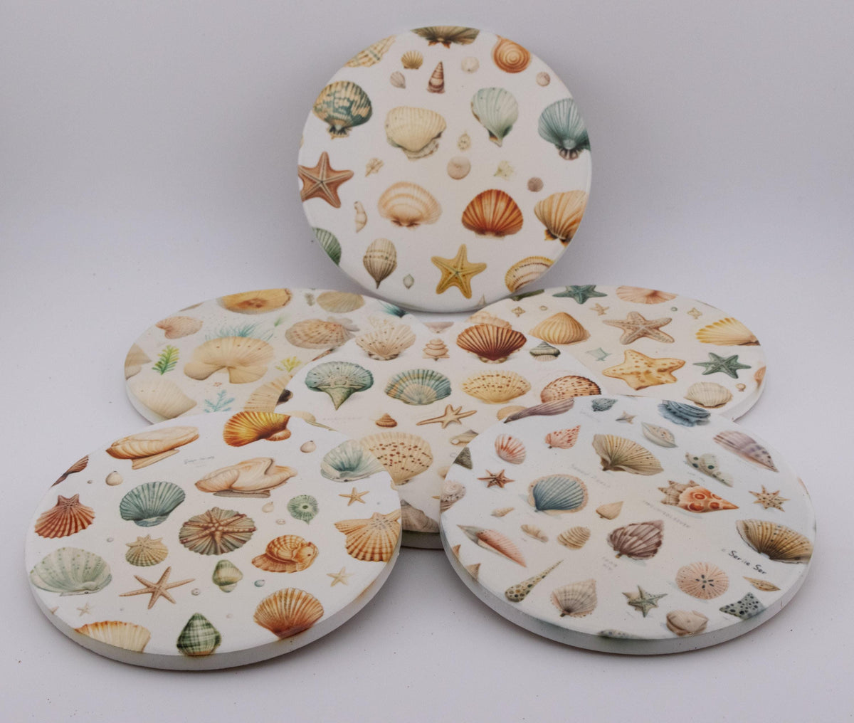 AI24041C  Beachlife Shell collection  Round Ceramic Coasters- Set of 6, colourful, gift for all occasions, six unique designs.