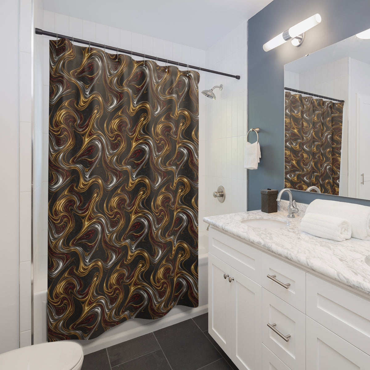 Melting Gold Ribbons Shower Curtain – Liquid Chrome Pattern