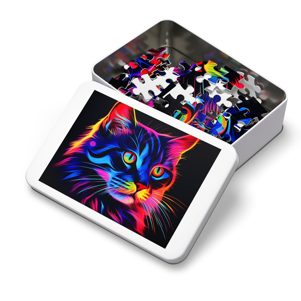 Neon Cat Jigsaw Puzzle with Tin – Neon Pop Art
