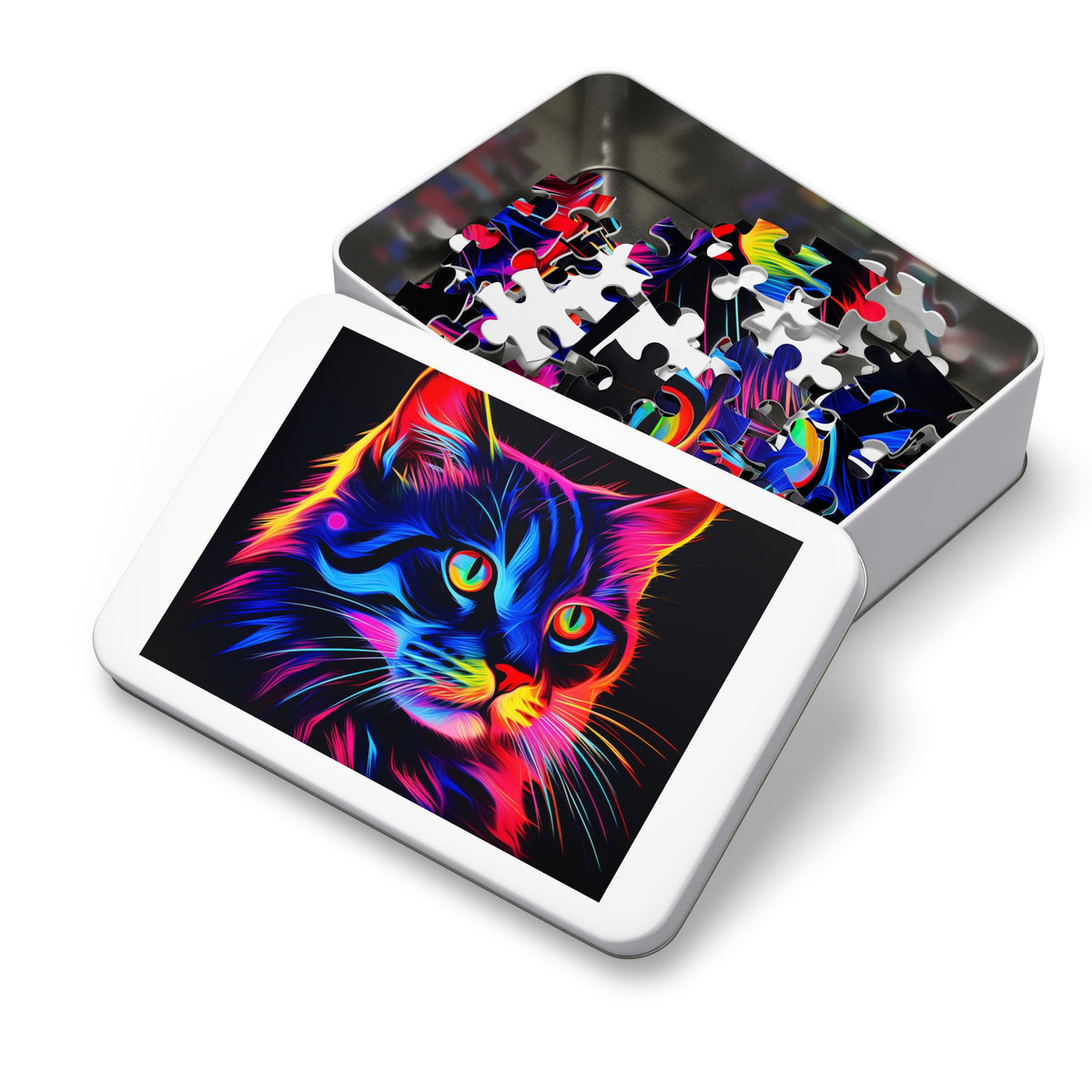 Neon Cat Jigsaw Puzzle with Tin – Neon Pop Art